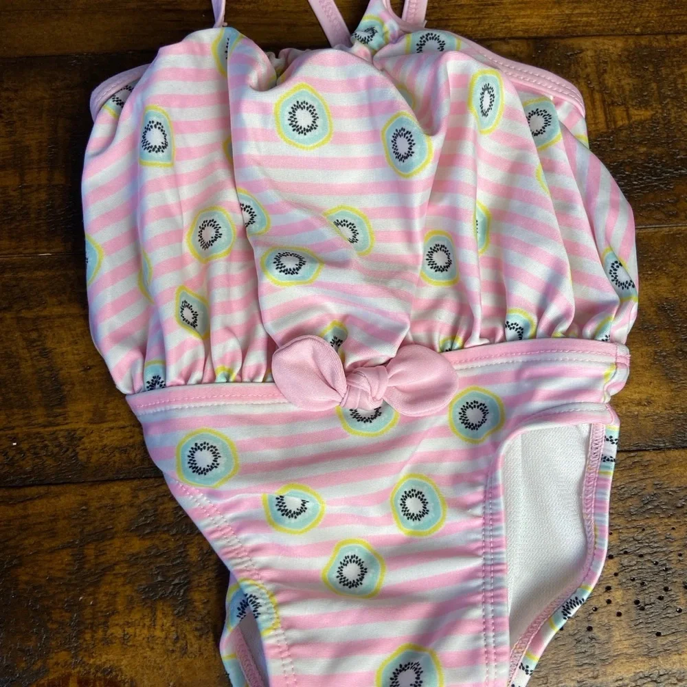 Cat & Jack Baby Girls‎ Swimsuit Size 3-6 M Pink Tutu Lined Striped w/ Kiwi Print